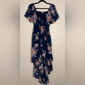 AUW Chiffon Navy Floral High-Low Women Dress Sz S Flutter Sleeves Smocked Back